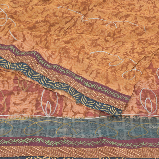 Sanskriti Vintage Sarees Brown Pure Georgette Silk Printed Sari 5yd Craft Sustainable Fabric