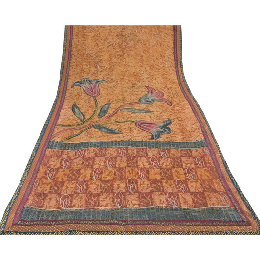 Sanskriti Vintage Sarees Brown Pure Georgette Silk Printed Sari 5yd Craft Sustainable Fabric