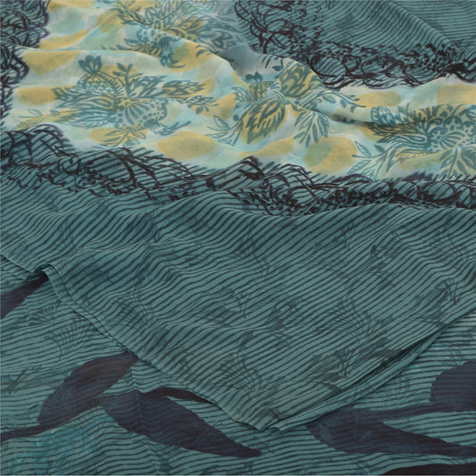 Sanskriti Vintage Sarees Blue Pure Georgette Silk Printed Sari 5yd Craft Sustainable Fabric