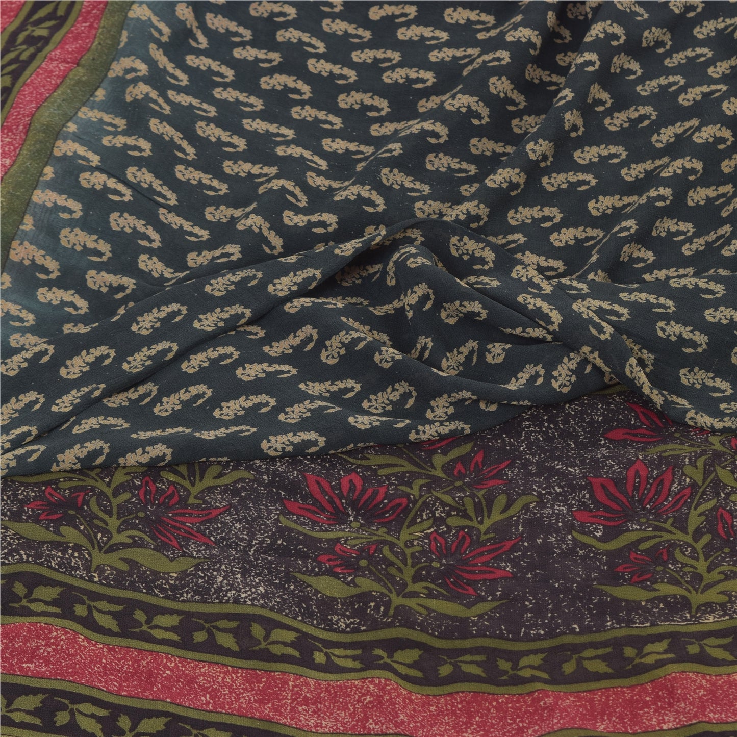 Sanskriti Vintage Sarees Dark Gray Pure Georgette Printed Sari 5yd Craft Sustainable Fabric