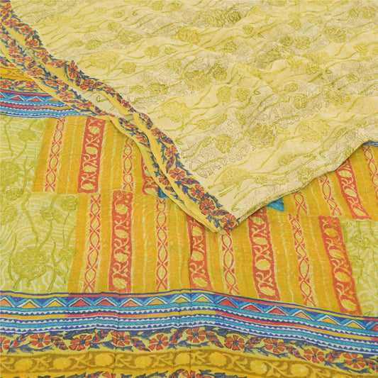 Sanskriti Vintage Sarees Lime Pure Georgette Silk Printed Sari 5yd Craft Sustainable Fabric