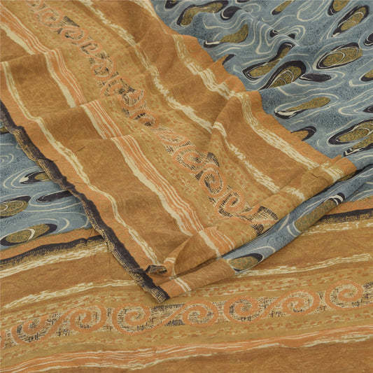 Sanskriti Vintage Sarees Grayi-Mustard Pure Georgette Printed Sari 5+yd Sustainable Fabric