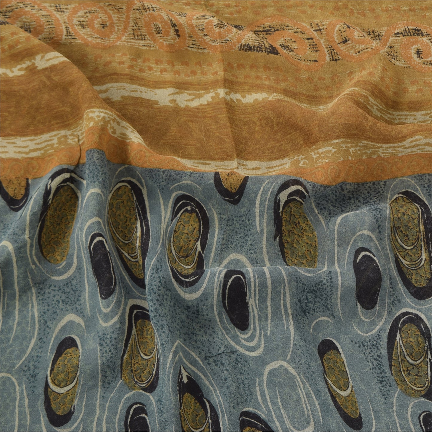 Sanskriti Vintage Sarees Grayi-Mustard Pure Georgette Printed Sari 5+yd Sustainable Fabric