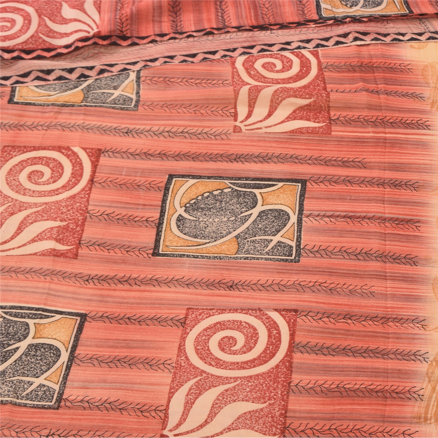 Sanskriti Vintage Sarees Peach/Red Pure Georgette Silk Printed Sari 5+yd Sustainable Fabric