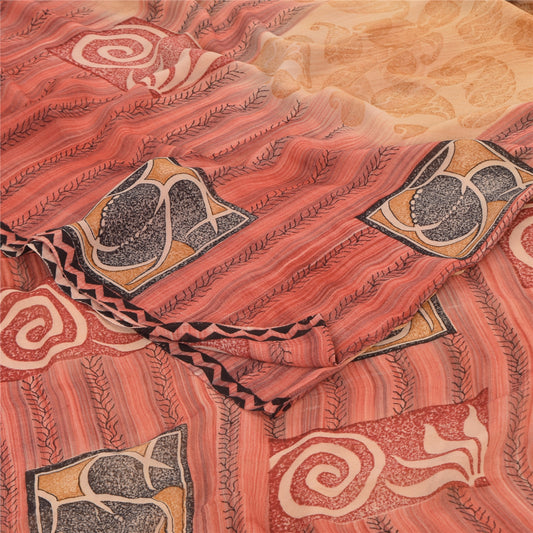 Sanskriti Vintage Sarees Peach/Red Pure Georgette Silk Printed Sari 5+yd Sustainable Fabric