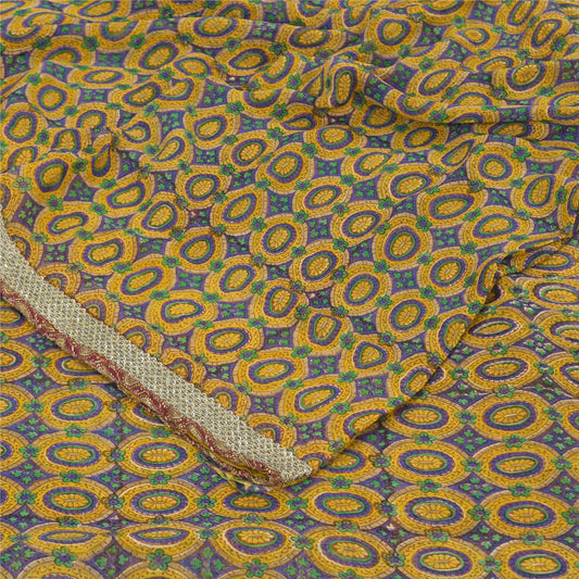 Sanskriti Vintage Sarees Purple/Yellow Pure Georgette Printed Sari 5+yd Sustainable Fabric
