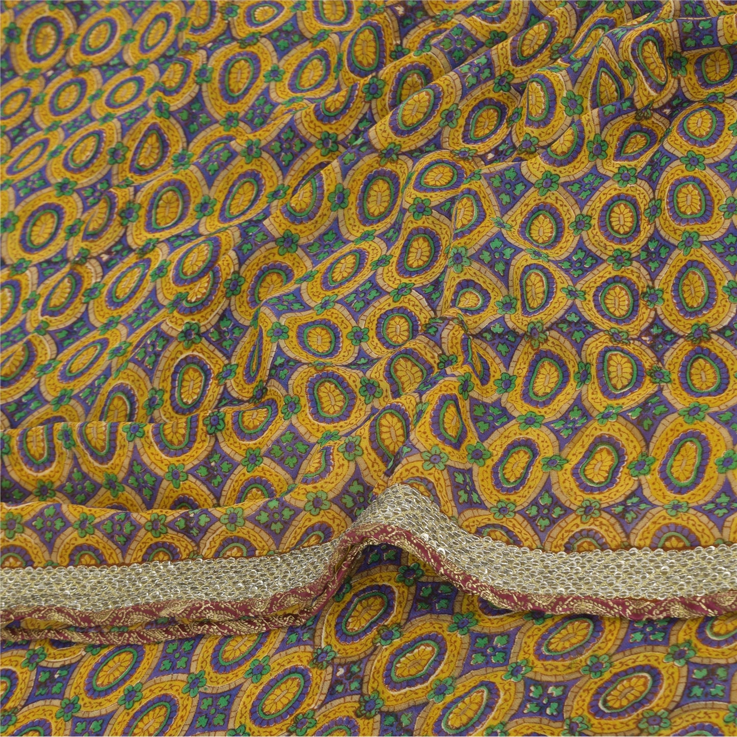 Sanskriti Vintage Sarees Purple/Yellow Pure Georgette Printed Sari 5+yd Sustainable Fabric