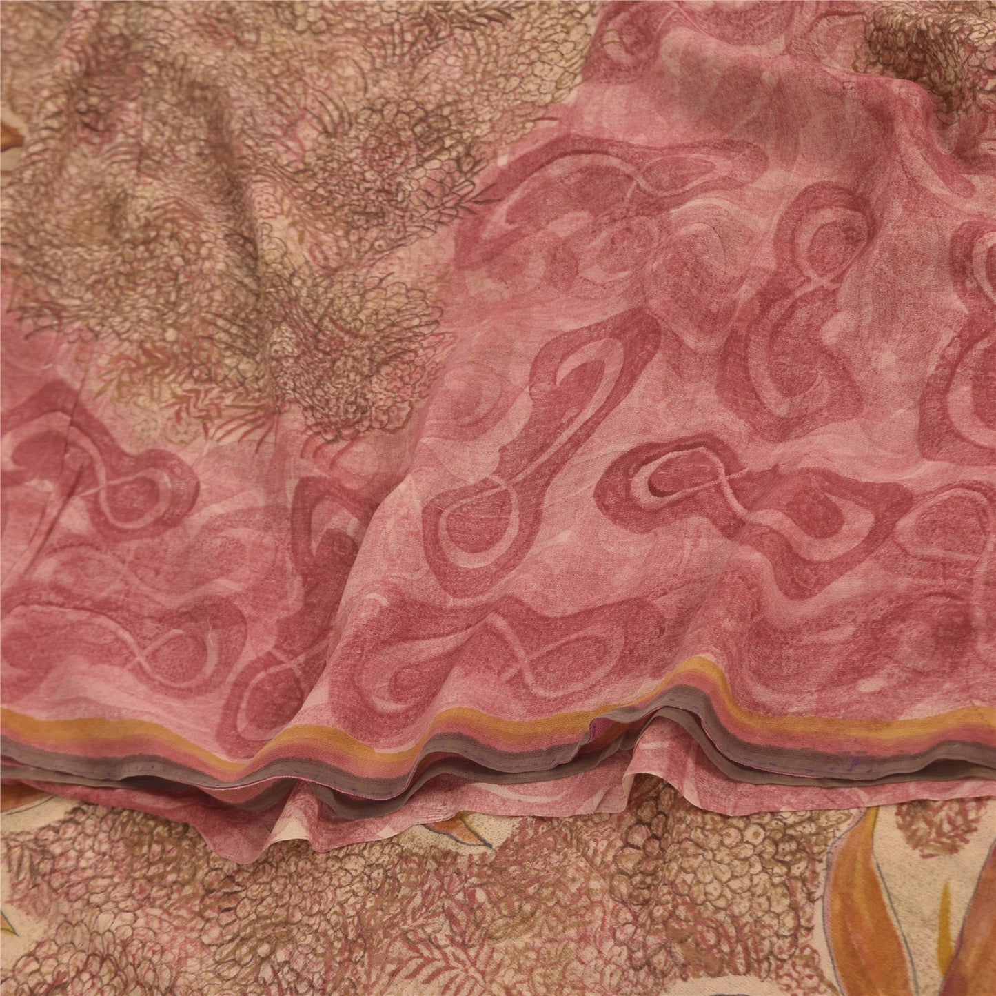 Sanskriti Vintage Sarees Pink/Brown Pure Georgette Print Sari 6+yd Craft Sustainable Fabric