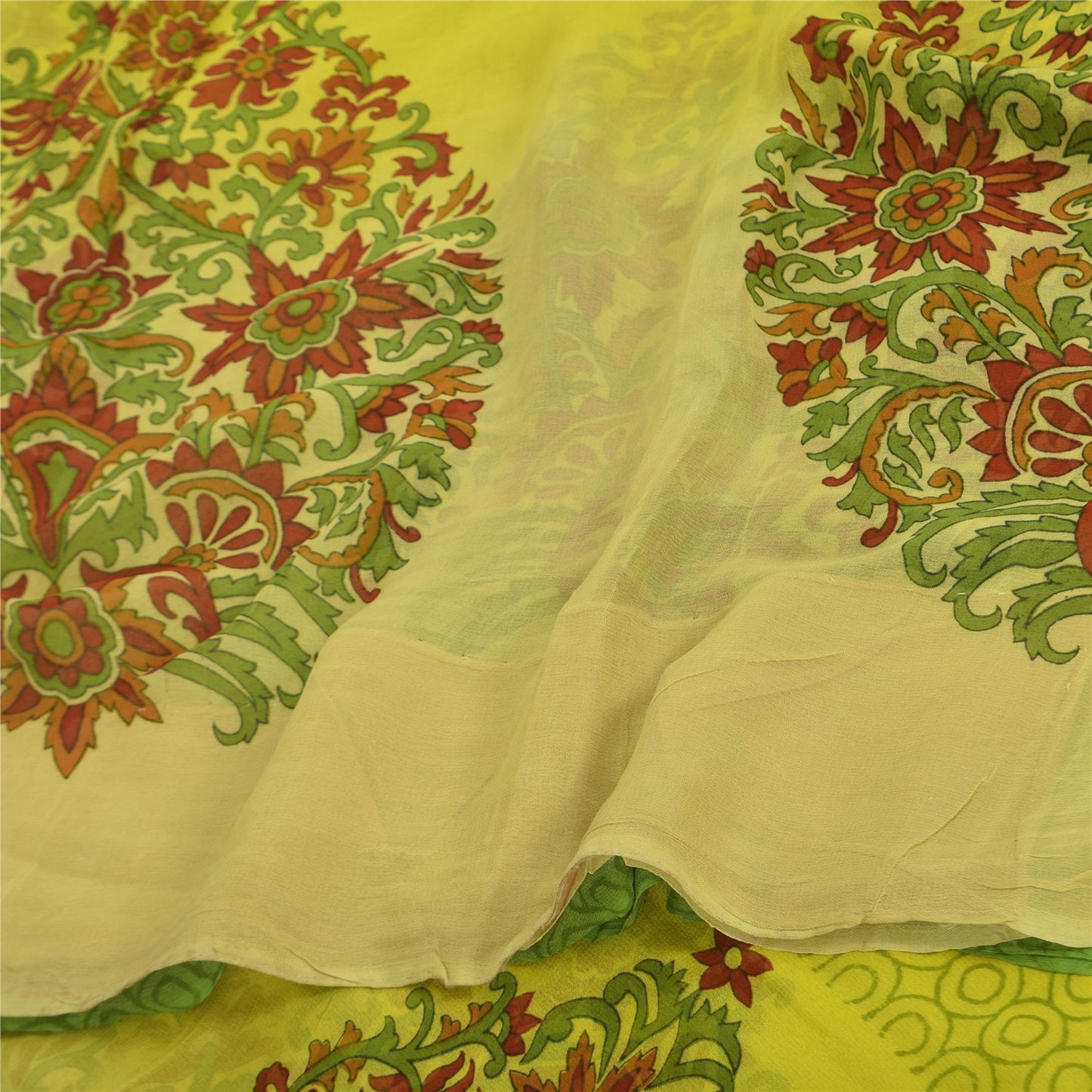 Sanskriti Vintage Sarees Green/Yellow Pure Georgette Printed Sari 5+yd Sustainable Fabric