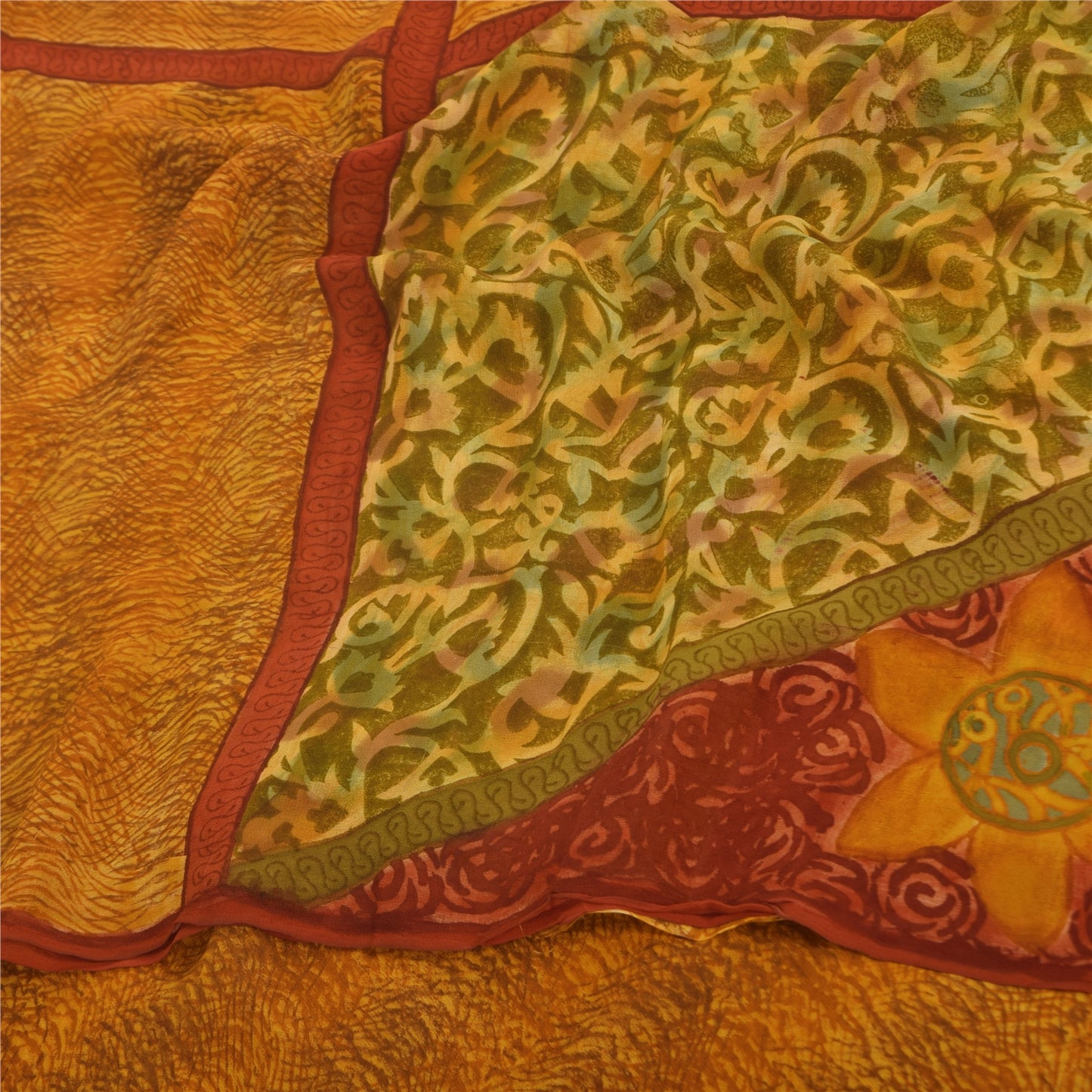 Sanskriti Vintage Sarees Saffron Pure Georgette Printed Sari 5+yd Craft Sustainable Fabric