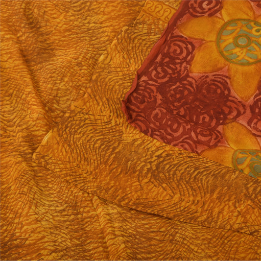 Sanskriti Vintage Sarees Saffron Pure Georgette Printed Sari 5+yd Craft Sustainable Fabric