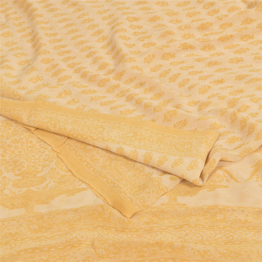 Sanskriti Vintage Sarees Cream/Yellow Block Printed Pure Georgette Sari Sustainable Fabric