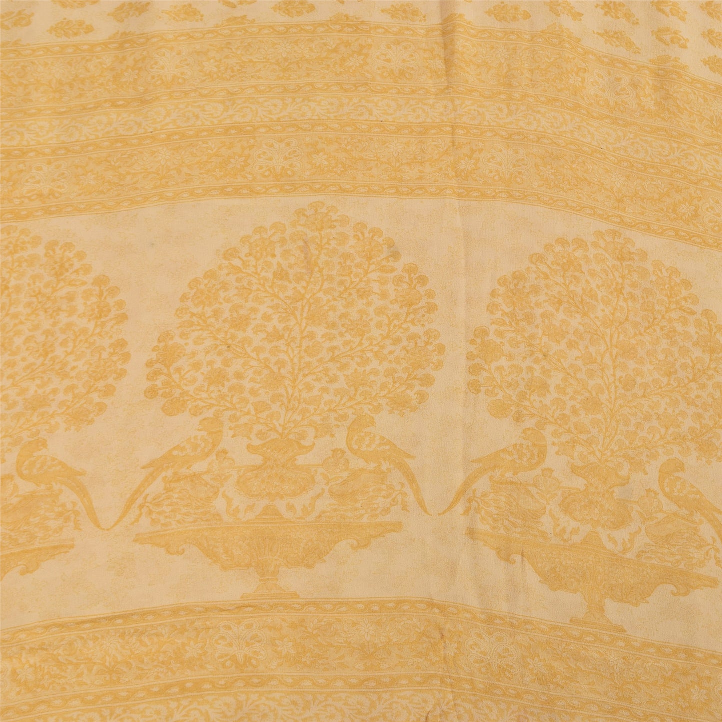 Sanskriti Vintage Sarees Cream/Yellow Block Printed Pure Georgette Sari Sustainable Fabric