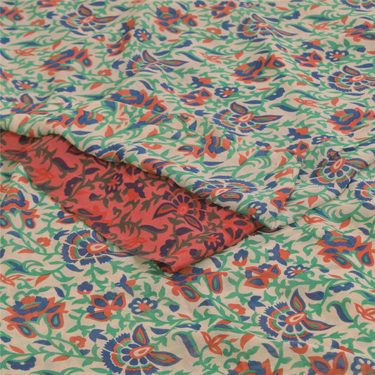 Sanskriti Vintage Sarees Ivory Pure Georgette Silk Print Sari 5+yd Craft Sustainable Fabric