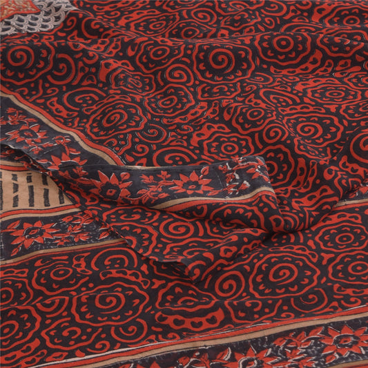 Sanskriti Vintage Sarees Black/Red Pure Georgette Print Sari 5+yd Craft Sustainable Fabric