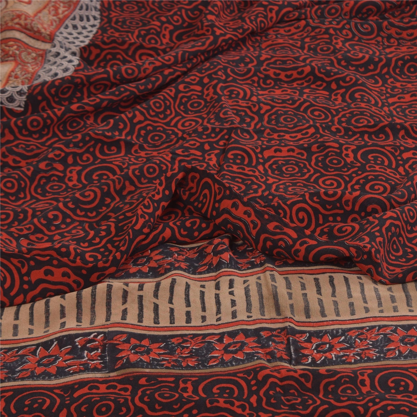 Sanskriti Vintage Sarees Black/Red Pure Georgette Print Sari 5+yd Craft Sustainable Fabric