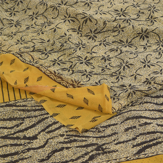 Sanskriti Vintage Sarees Ivory Pure Georgette Silk Print Sari 5+yd Craft Sustainable Fabric