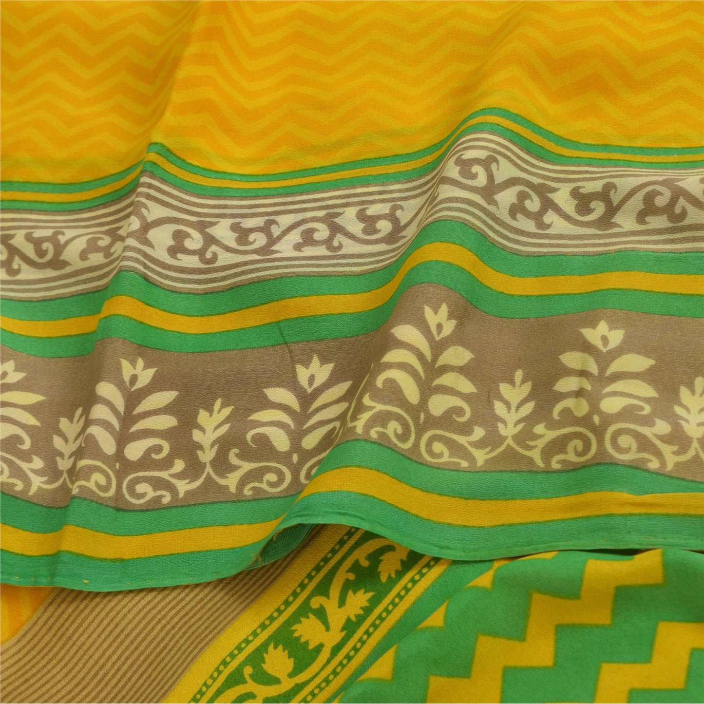 Sanskriti Vintage Sarees Yellow Pure Georgette Silk Print Sari 5+yd Craft Sustainable Fabric