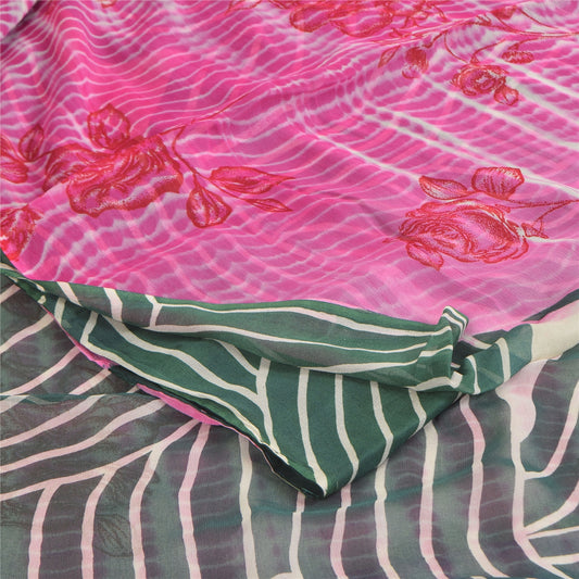 Sanskriti Vintage Sarier i lyserød/grå, rent georgette-tryk, 5+ yards, håndlavet, bæredygtigt stof