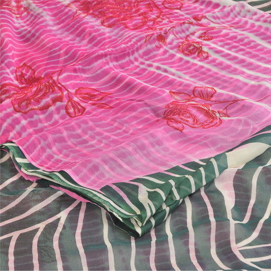 Sanskriti Vintage Sarees Pink/Gray Pure Georgette Printed Sari 5+yd Craft Sustainable Fabric