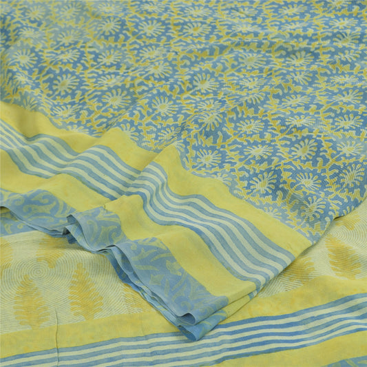 Sanskriti Vintage Sarees Blue/Green Pure Georgette Print Sari 5+yd Craft Sustainable Fabric