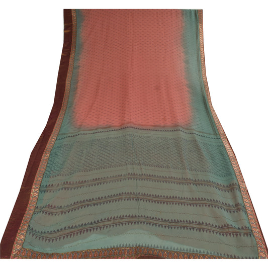 Sanskriti Vintage Sarier i lyserød/blå ren georgette-trykt sari, 5+ yards håndværk i bæredygtigt stof