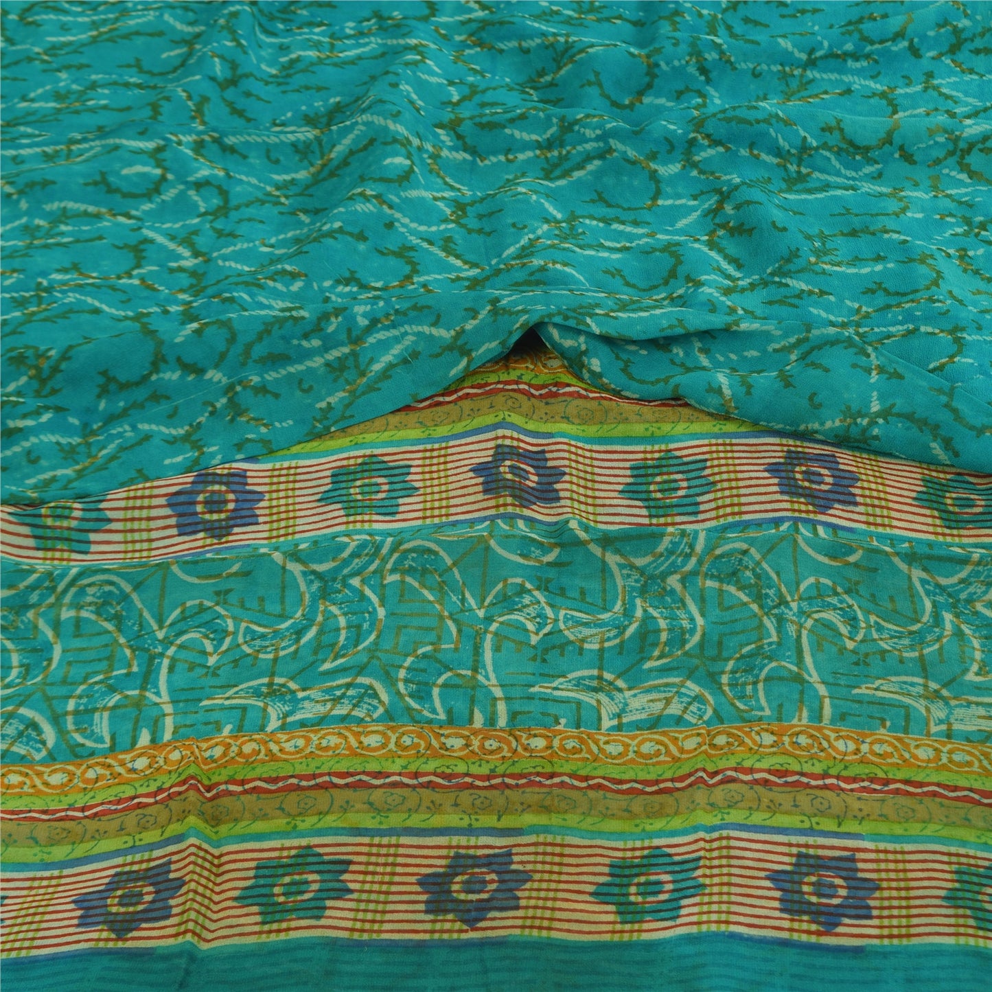 Sanskriti Vintage Sarees Blue Pure Georgette Silk Printed Sari 5+yd Craft Sustainable Fabric
