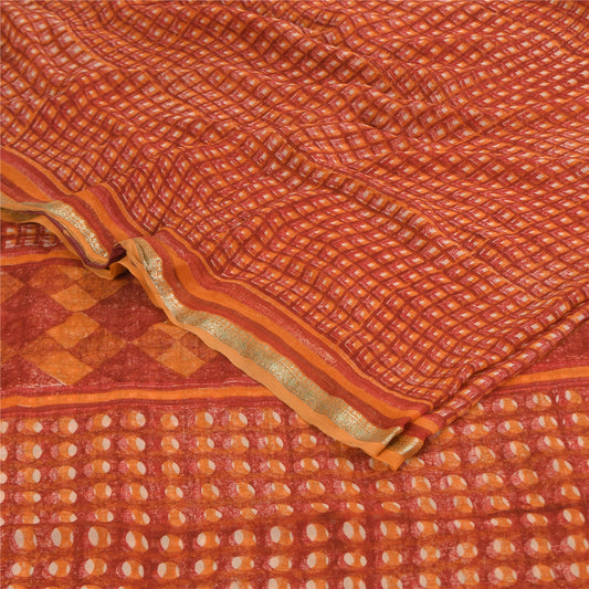 Sanskriti Vintage Sarees Orange Pure Georgette Silk Print Sari 5+yd Craft Sustainable Fabric