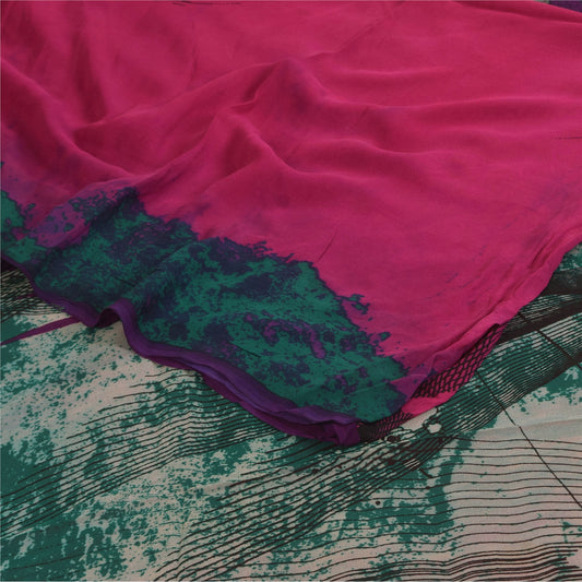 Sanskriti Vintage Sarees Magenta Pure Georgette Printed Sari 5+yd Craft Sustainable Fabric