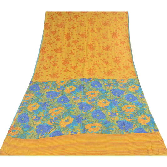 Sanskriti Vintage Sarier Gul Ren Georgette Silke Print Sari 5+ yard Håndværk Bæredygtigt Stoff