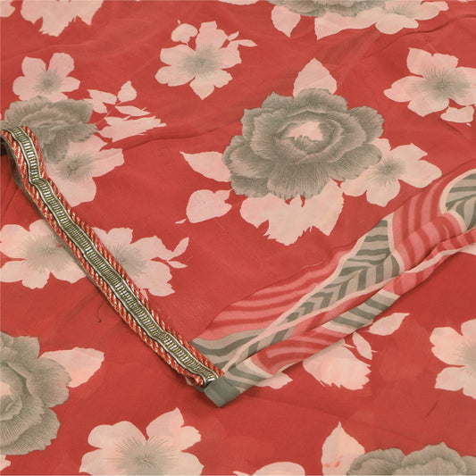 Sanskriti Vintage Sarees Red/Gray Pure Georgette Printed Sari 5+yd Craft Sustainable Fabric