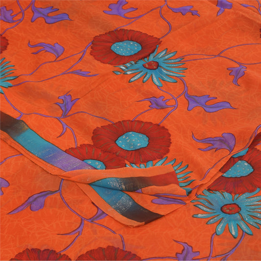 Sanskriti Vintage Sarees Orange Pure Georgette Printed Sari 5+yd Craft Fabric
