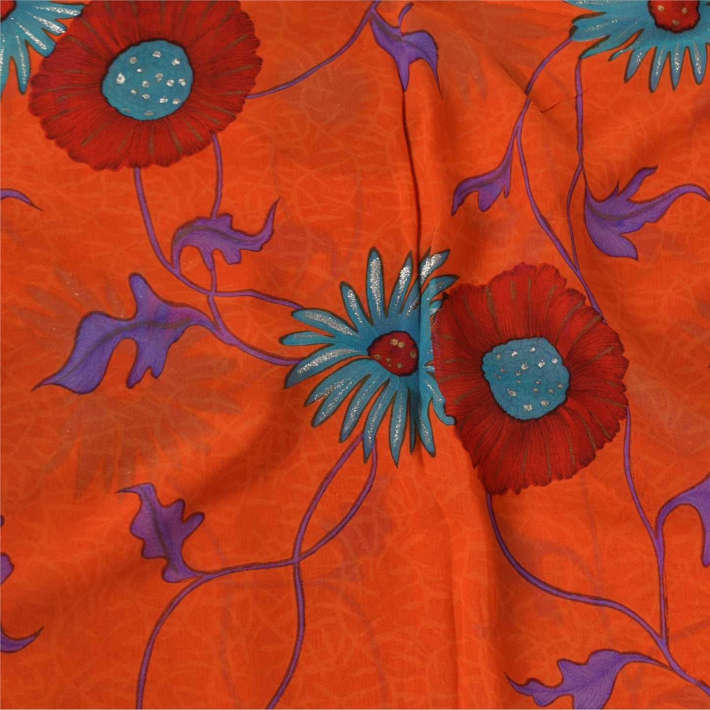 Sanskriti Vintage Sarees Orange Pure Georgette Printed Sari 5+yd Craft Fabric