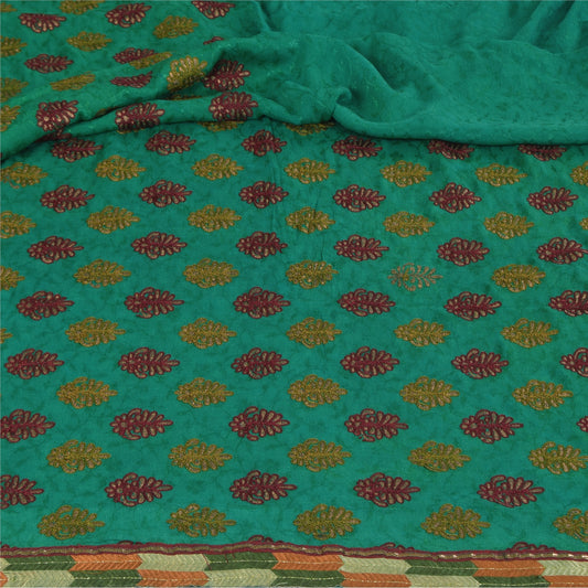Sanskriti Vintage Sarees Green Embroidered Woven Pure Georgette Sari 5+yd Fabric