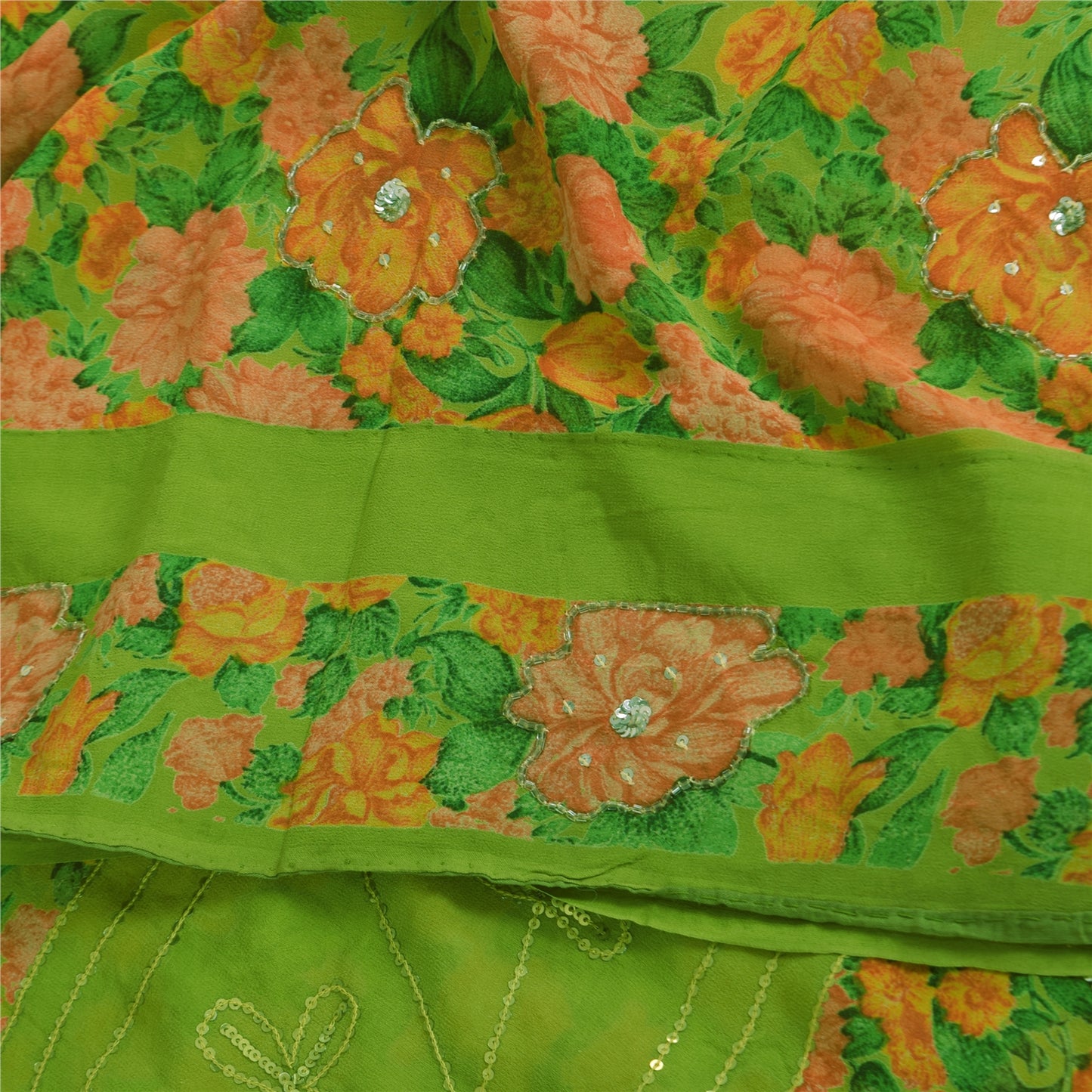 Sanskriti Vintage Sarees Green Pure Georgette Printe Embroidery Sari 5+yd Sustainable Fabric