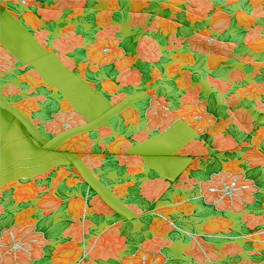 Sanskriti Vintage Sarees Green Pure Georgette Printe Embroidery Sari 5+yd Sustainable Fabric
