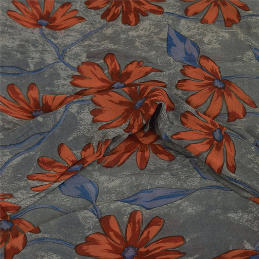 Sanskriti Vintage Sarees Gray Pure Georgette Silk Printed Sari 5+yd Craft Sustainable Fabric