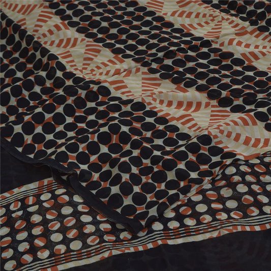Sanskriti Vintage Sarees Black/Ivory Pure Georgette Printed Sari 5+yd Sustainable Fabric