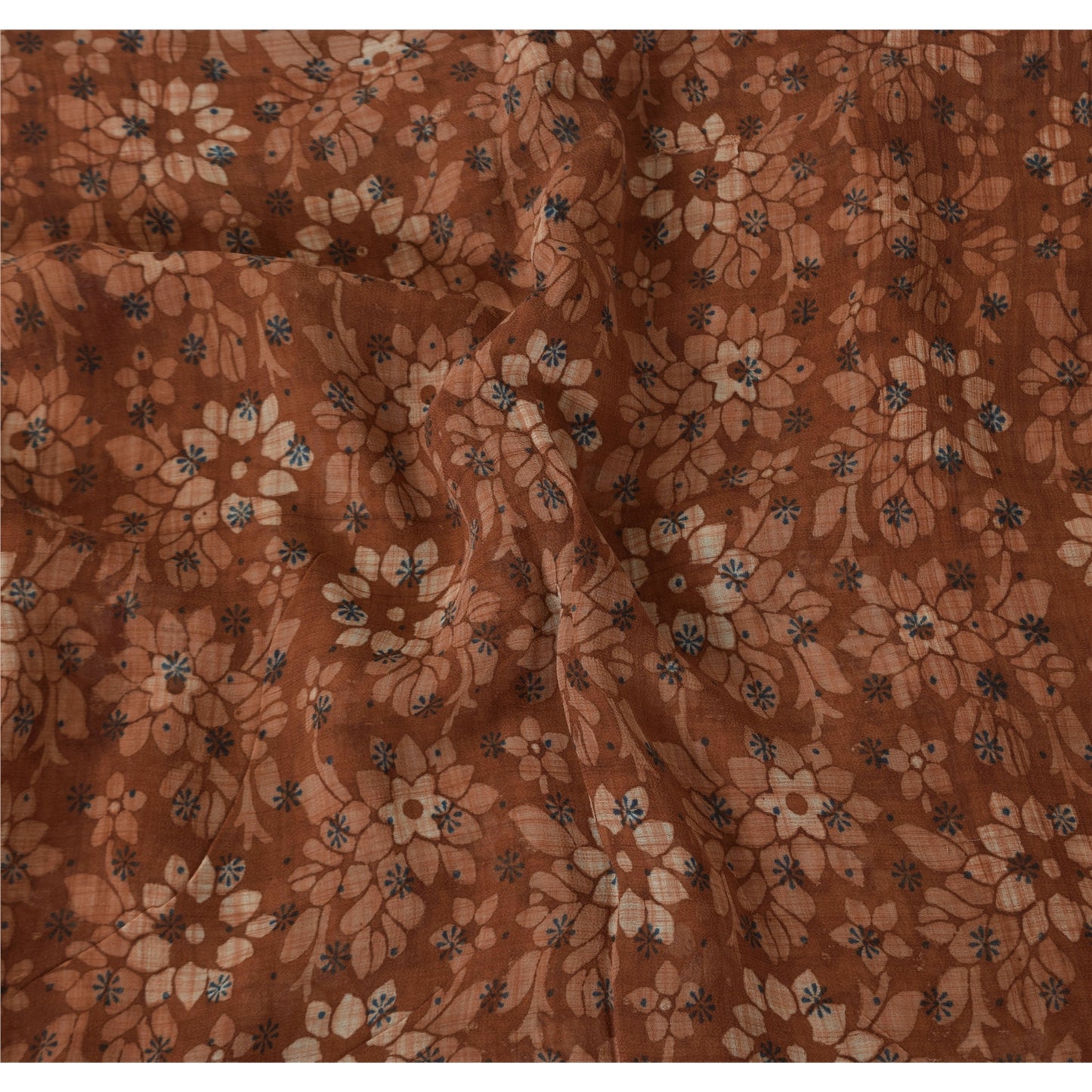 Sanskriti Vintage Sarees Brown Pure Georgette Silk Print Sari 5+yd Craft Sustainable Fabric