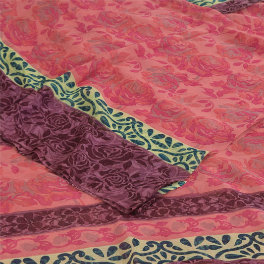 Sanskriti Vintage Sarees Pink Pure Georgette Silk Printed Sari 5+yd Craft Sustainable Fabric