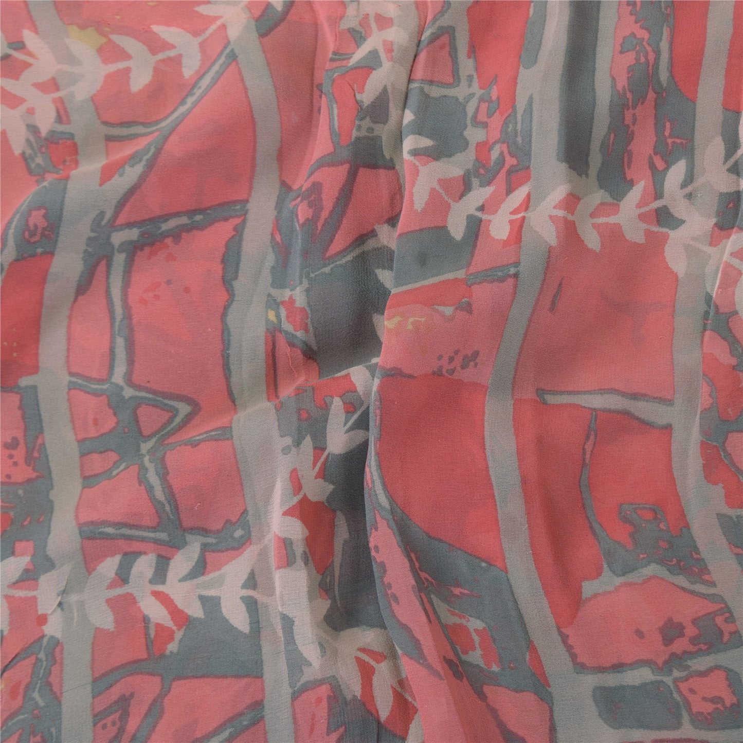 Sanskriti Vintage Sarees Pink/Gray Pure Georgette Printed Sari 5+yd Craft Sustainable Fabric