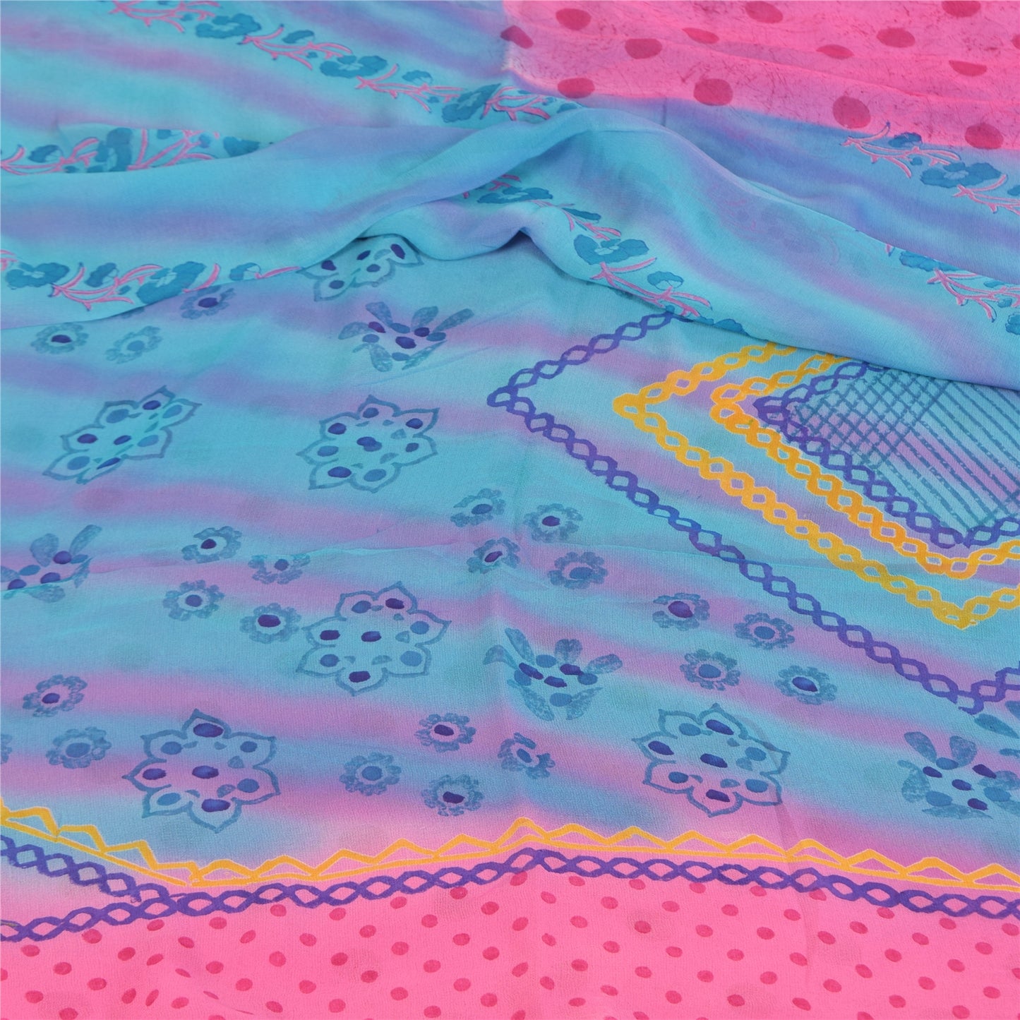 Sanskriti Vintage Sarier Blå/Pink Ren Georgette Trykt Sari 5+ yard Håndværk Bæredygtigt Stoff