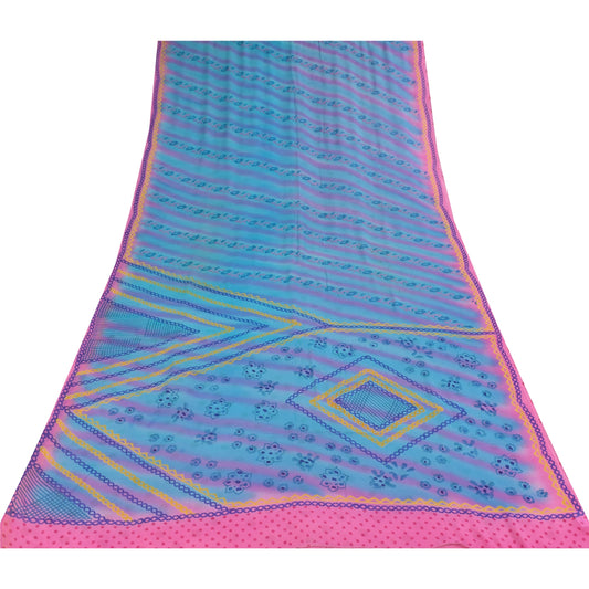 Sanskriti Vintage Sarees Blue/Pink Pure Georgette Printed Sari 5+yd Craft Sustainable Fabric