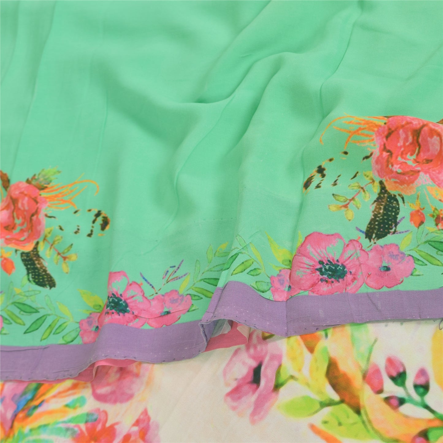 Sanskriti Vintage Sarees Green Pure Georgette Digital Printed Sari 5+yd Sustainable Fabric