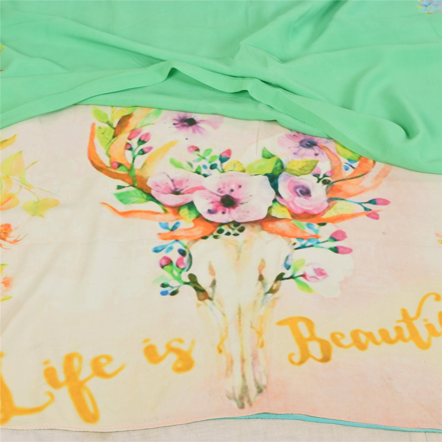 Sanskriti Vintage Sarees Green Pure Georgette Digital Printed Sari 5+yd Sustainable Fabric