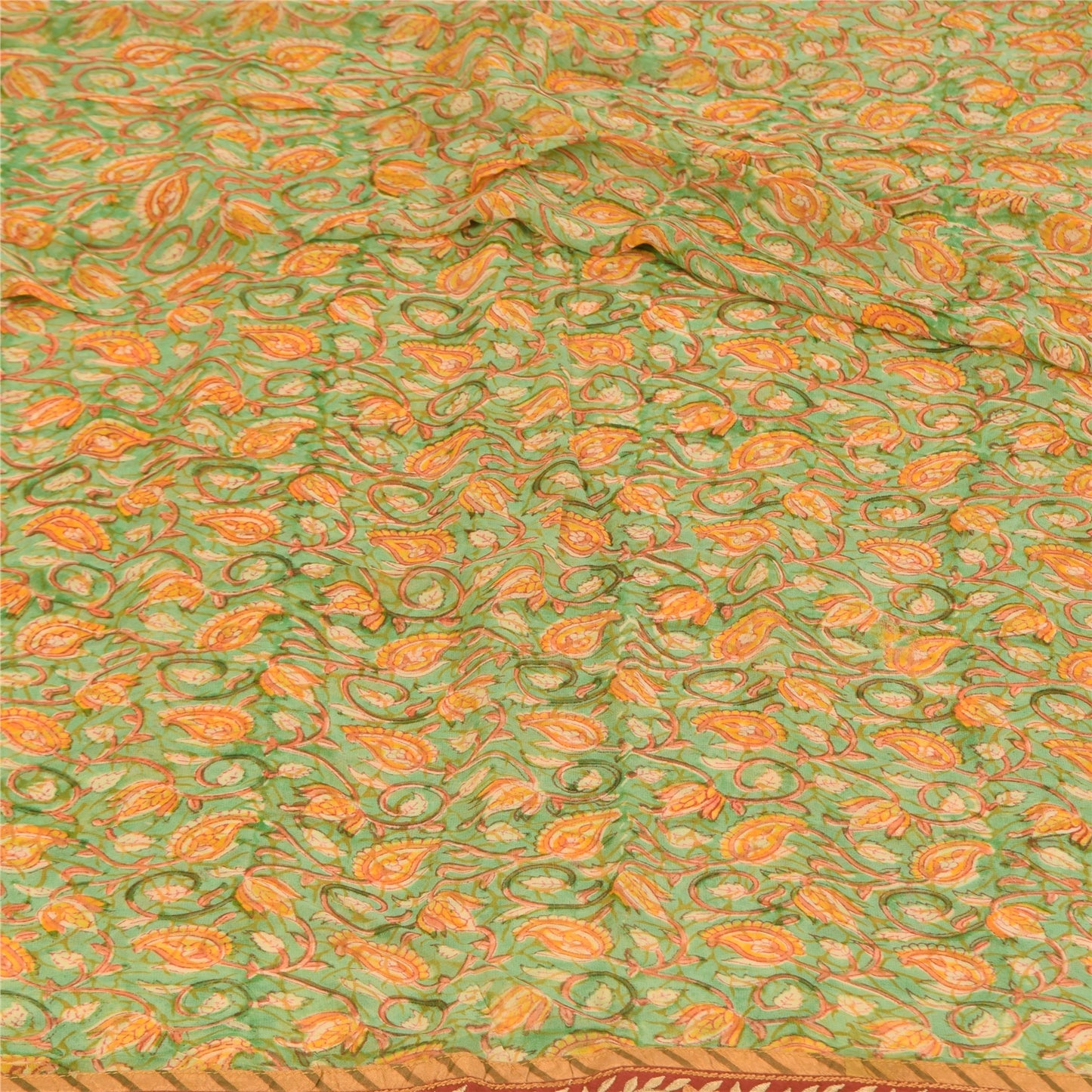 Sanskriti Vintage Sarees Green/Orange Pure Georgette Silk Print Sari 5+yd Sustainable Fabric
