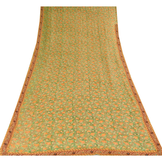 Sanskriti Vintage Sarees Grøn/Orange Ren Georgette Silke Print Sari 5+ yards Bæredygtigt Stof