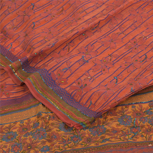 Sanskriti Vintage Sarees Hand Beaded Print Orange Pure Georgette Sari 6yd Sustainable Fabric