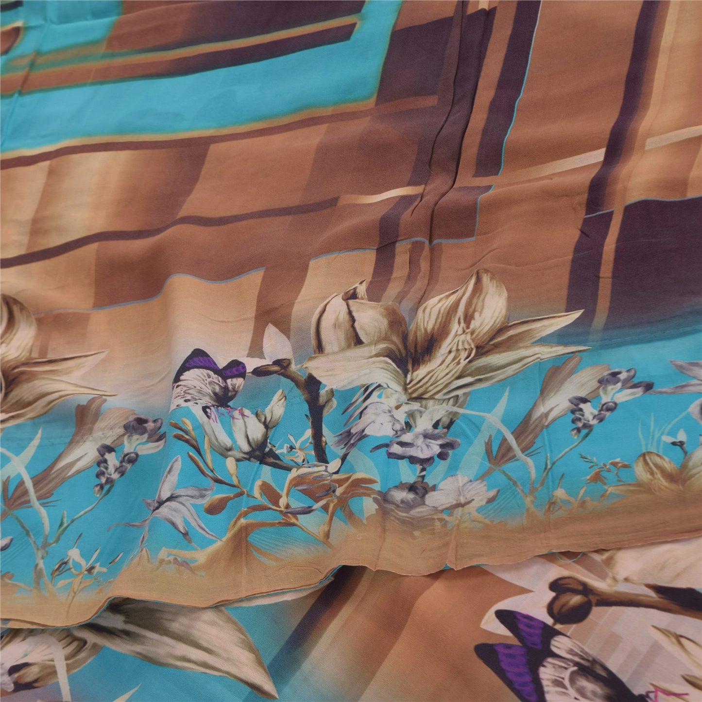 Сари Sanskriti Vintage, сари из чистого жоржета, сине-коричневого цвета, 5+ ярдов, ткань для рукоделия из экологически чистой ткани