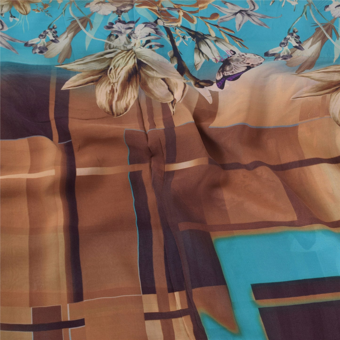 Sanskriti Vintage Sarees Blue/Brown Pure Georgette Print Sari 5+yd Craft Sustainable Fabric